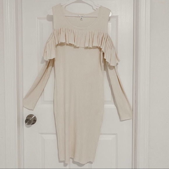 Say What? Dresses & Skirts - Say What Cold Shoulder Ruffle Knit Dress
